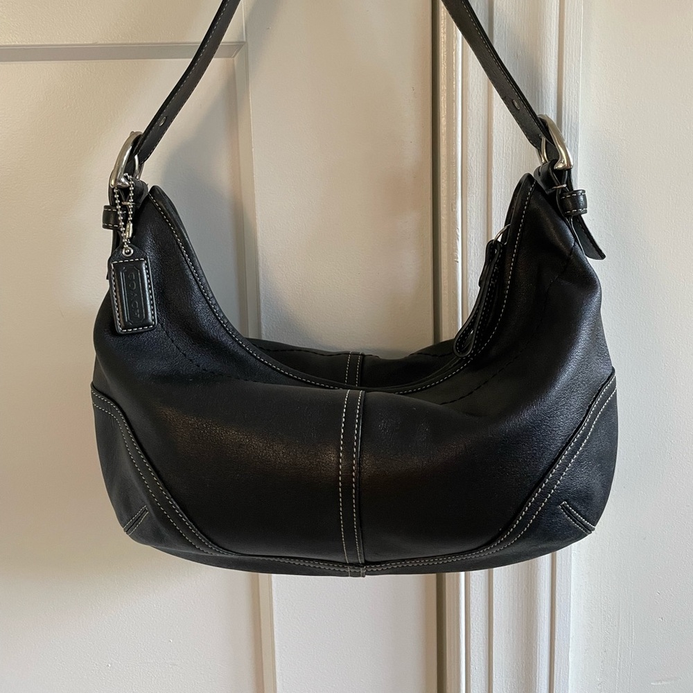 Coach Hobo black leather shoulder bag with white stitching